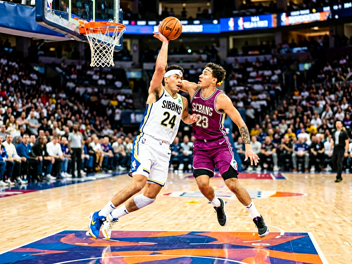 NBA篮球比赛精彩瞬间，球员在球场上激烈拼抢的竞技场景